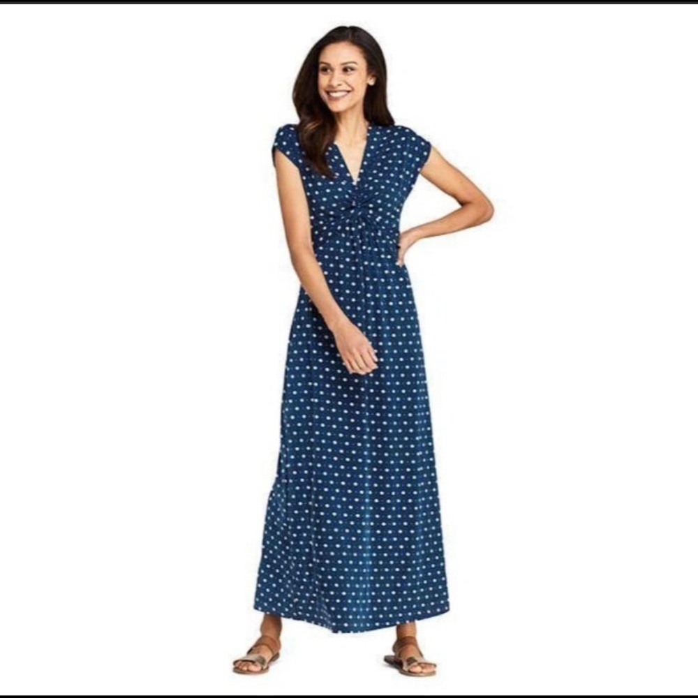 Lands End  Front Knot Cap Sleeve Maxi Blue Dress